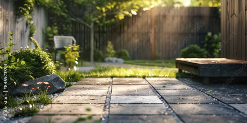 Obraz premium A cozy backyard setting with a brick walkway leading to a bench, perfect for relaxation or reading