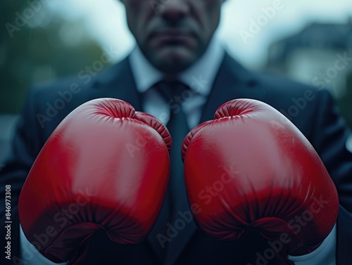 A businessman holds up two red boxing gloves, likely for a photo shoot or demonstration