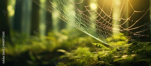 Among lush greenery, a intricate spider web is prominently showcased in the forest setting. with copy space image. Place for adding text or design