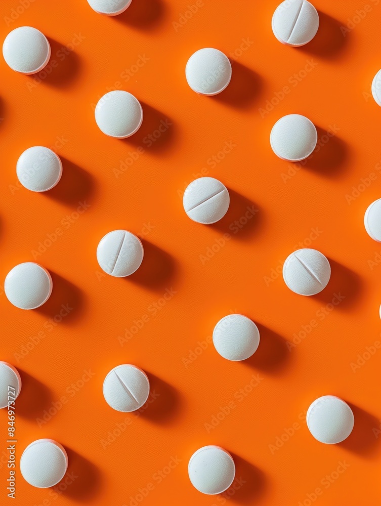 Close-up shot of many white pills arranged on an orange surface, suitable for medical or pharmaceutical uses Close-up shot of many white pills arranged on an orange surface, suitable for medical or pharmaceutical uses