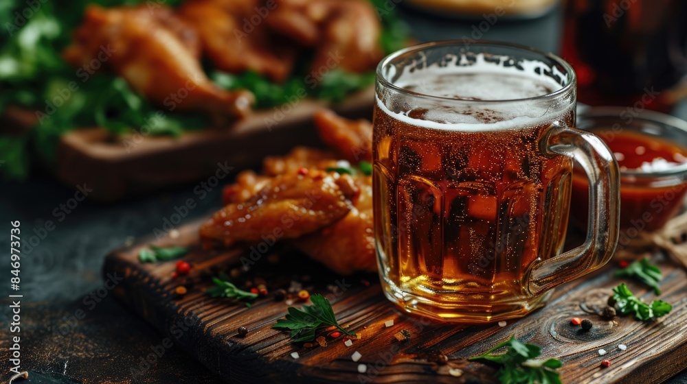 A glass of beer sits atop a wooden cutting board, perfect for a casual gathering or outdoor event A glass of beer sits atop a wooden cutting board, perfect for a casual gathering or outdoor event