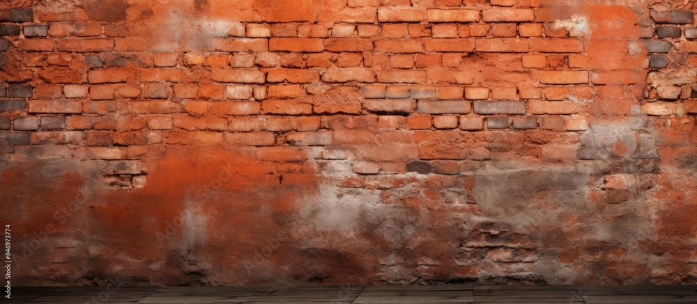 The aged red-orange brick walls form a backdrop for the wooden flooring in the foreground. with copy space image. Place for adding text or design The aged red-orange brick walls form a backdrop for the wooden flooring in the foreground. with copy space image. Place for adding text or design