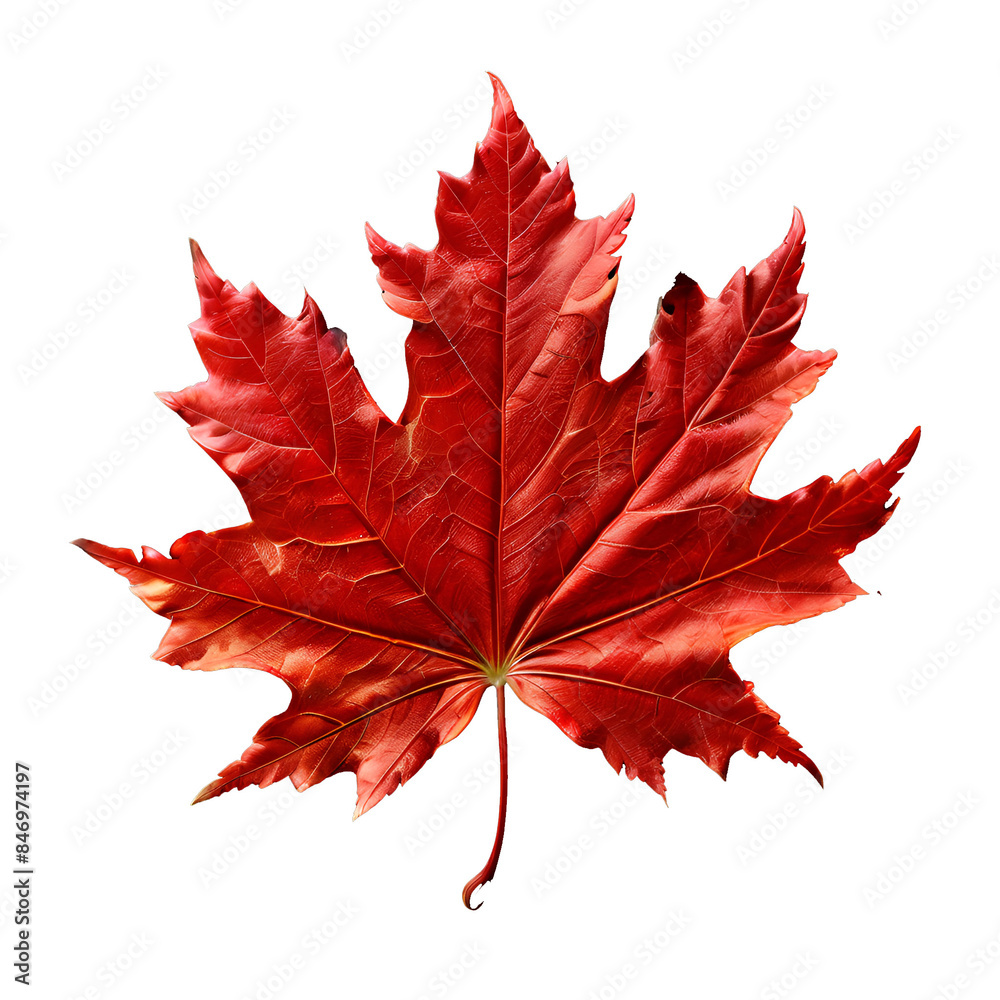 Naklejka premium Vibrant red maple leaf on transparent background, perfect autumn symbol and fall weather icon for seasonal themes