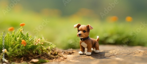 Small toy dog figurine standing proudly on a rock surface, showcasing paw prints in miniature detail. with copy space image. Place for adding text or design