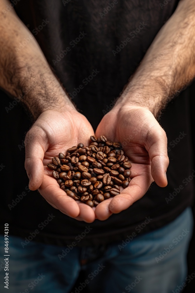A close-up shot of a person holding a handful of coffee beans, ready for roasting or grinding A close-up shot of a person holding a handful of coffee beans, ready for roasting or grinding