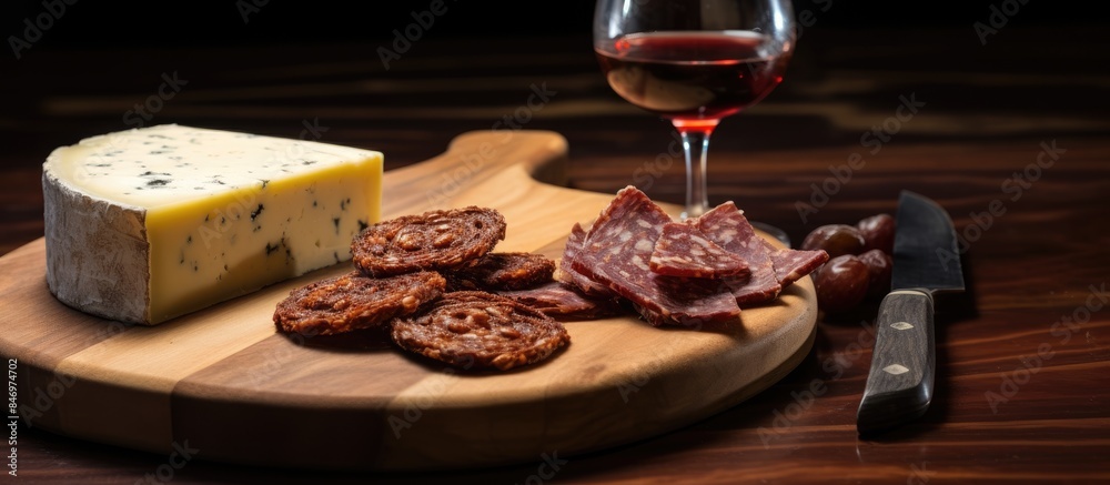 Manchego cheese and chorizo displayed on a rustic wooden board, complemented by a glass of rich red wine and a sharp knife. with copy space image. Place for adding text or design Manchego cheese and chorizo displayed on a rustic wooden board, complemented by a glass of rich red wine and a sharp knife. with copy space image. Place for adding text or design
