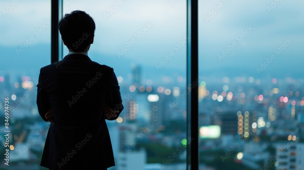 A person standing in front of a window, looking out at the city A person standing in front of a window, looking out at the city
