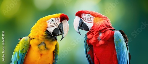 Two vibrant parrots, one re...