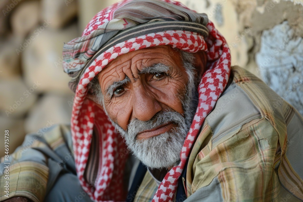Closeup of a senior man wearing a keffiyeh, with deep wrinkles and expressive eyes Closeup of a senior man wearing a keffiyeh, with deep wrinkles and expressive eyes