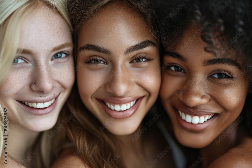 A group of three women posing together in a studio setting, ready for a photo shoot A group of three women posing together in a studio setting, ready for a photo shoot