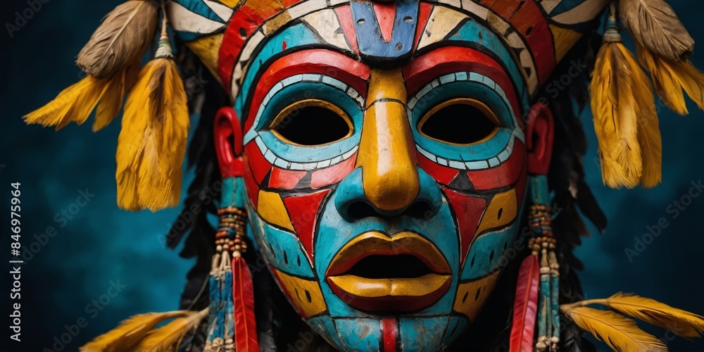 A vibrant and detailed Native American headdress mask with intricate patterns and feathers A vibrant and detailed Native American headdress mask with intricate patterns and feathers