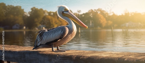 Pelican resting on wooden d...