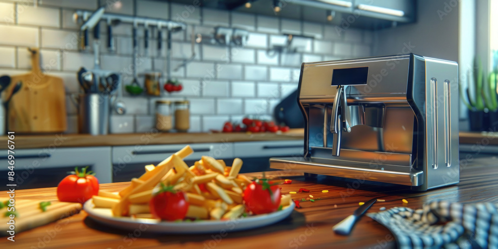A plate of French fries and a toaster on a kitchen counter