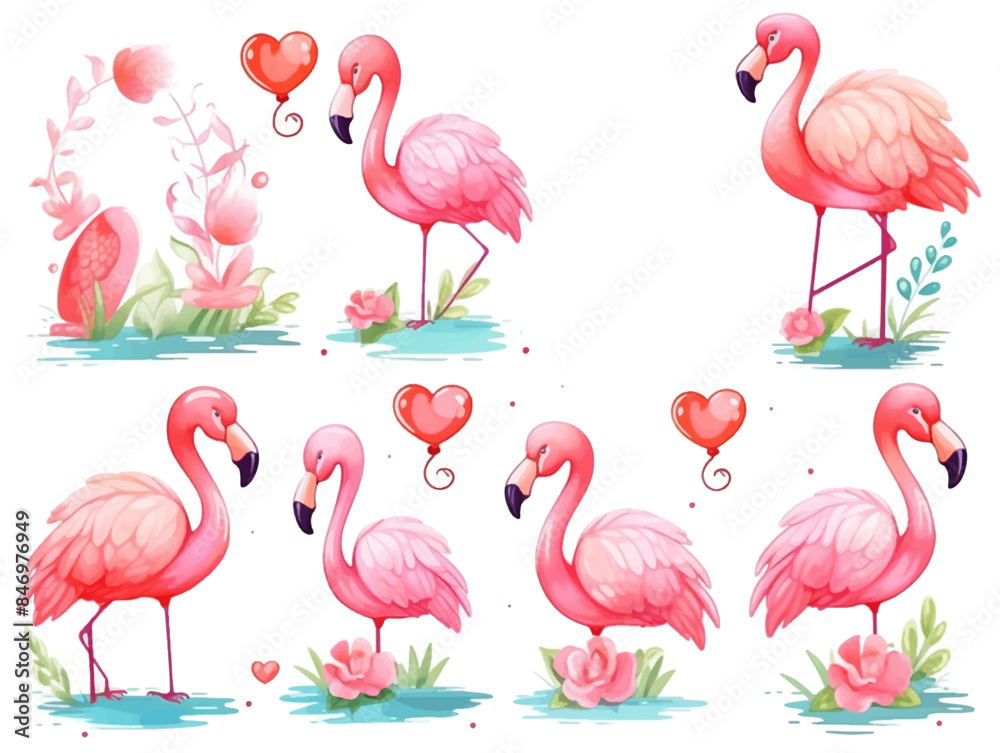 Obraz premium Watercolor valentines day love flamingo couple, hand drawn watercolor illustration for greeting card or invitation design