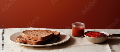 Bread on dish, tomato sauce...