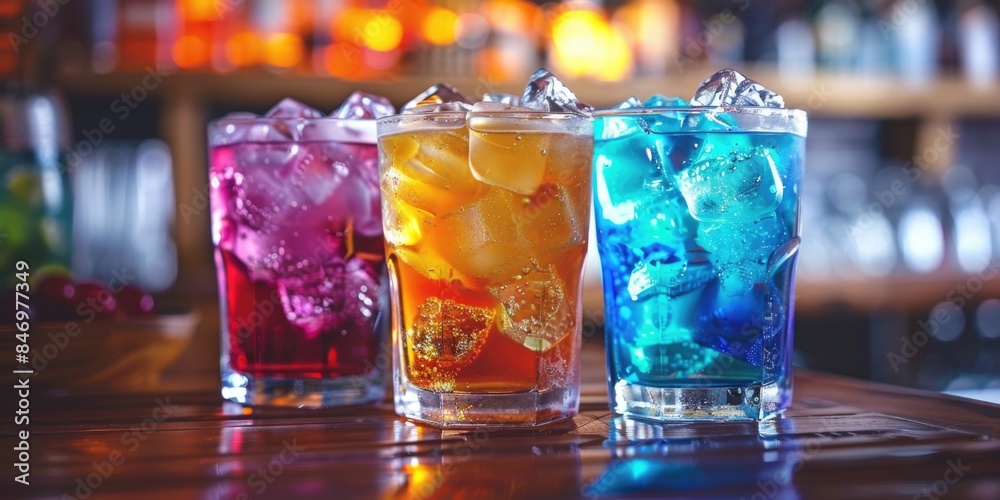 A row of colorful drinks on a bar, perfect for parties or gatherings A row of colorful drinks on a bar, perfect for parties or gatherings