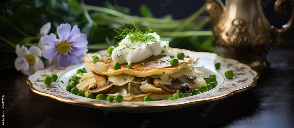 Plate with mushrooms and cheese, potato pancakes, sour cream, pea sprouts, gravy boat, flower petals, tablecloth background. with copy space image. Place for adding text or design Plate with mushrooms and cheese, potato pancakes, sour cream, pea sprouts, gravy boat, flower petals, tablecloth background. with copy space image. Place for adding text or design