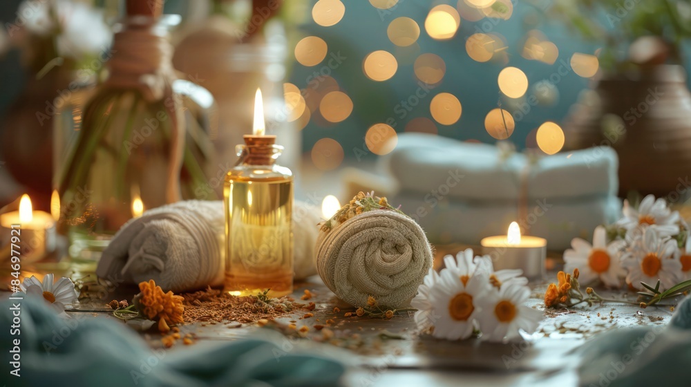 Obraz premium Beauty treatment items for spa procedures with essential oil, towel, burning candles and towels on wooden table.