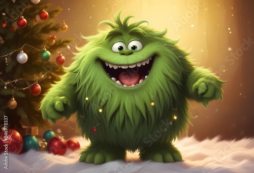 A Christmas card with a monster with a Christmas tree in the background
