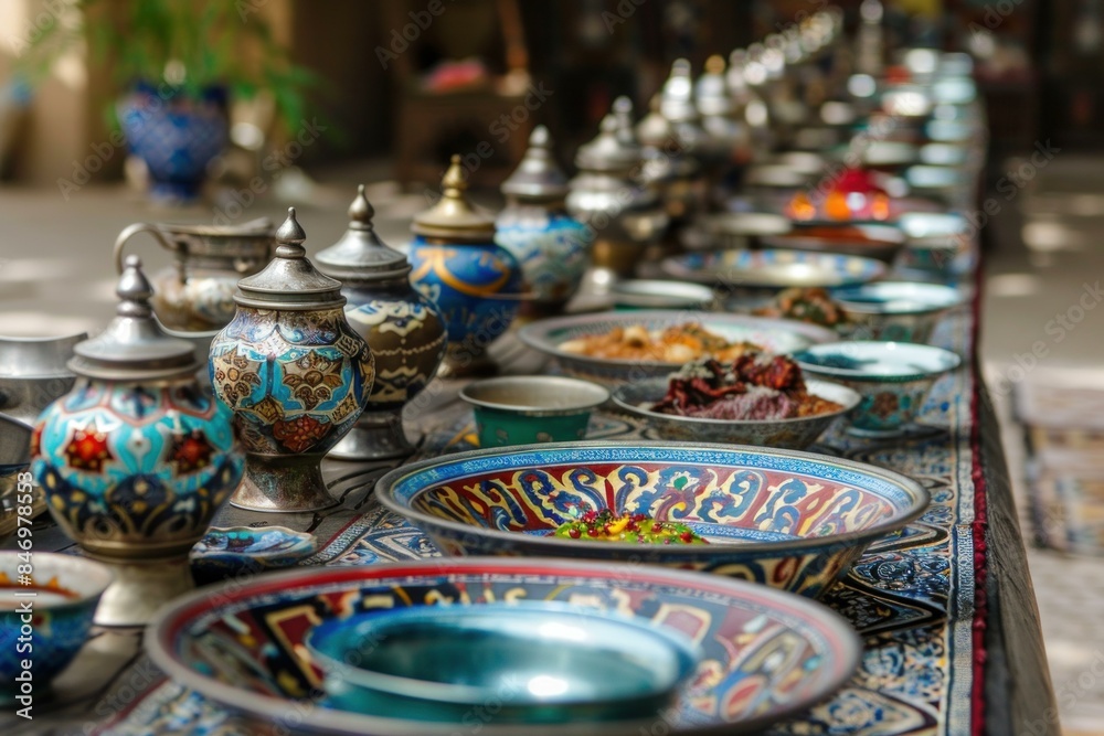Array of colorful middle eastern pottery and metal teapots artistically showcased Array of colorful middle eastern pottery and metal teapots artistically showcased