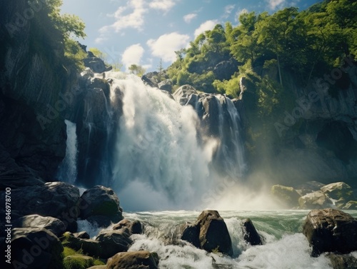 A large waterfall with water pouring down from the top, creating a misty atmosphere