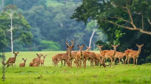 Sika or spotted deers herd in wood at Sri Lanka Wildlife and animal photoa herd of red sika deer grazes on a green meadow against the backdrop of a forest in natural habitat : Generative AI © The Little Hut