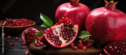 A close-up view of a pomegranate split in half displayed on a rustic wooden cutting board. with copy space image. Place for adding text or design photo