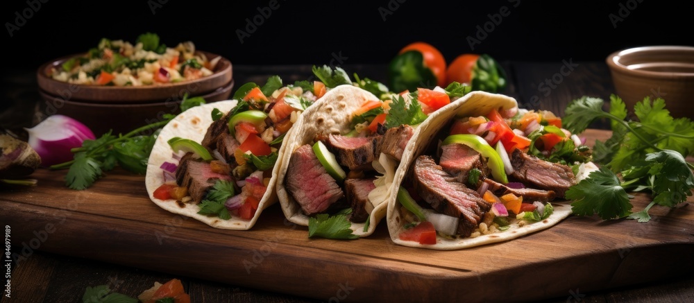Steak tacos with sliced meat, salad, and tomato salsa arranged on a wooden cutting board. with copy space image. Place for adding text or design Steak tacos with sliced meat, salad, and tomato salsa arranged on a wooden cutting board. with copy space image. Place for adding text or design