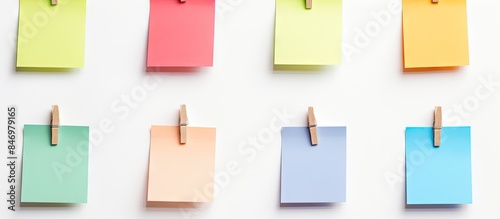 Vibrant reminder notes pinned on a string, creating a colorful and organized display. with copy space image. Place for adding text or design