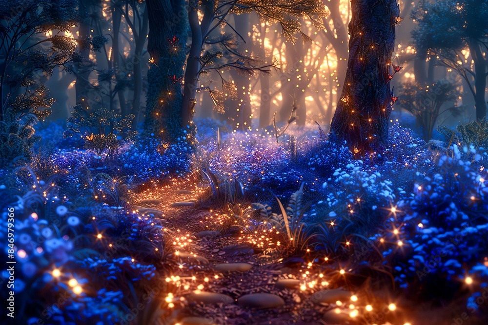 A magical forest with a glowing path leading through it. The trees are tall and the flowers are blue. There are fireflies flying around and the stars are shining brightly.