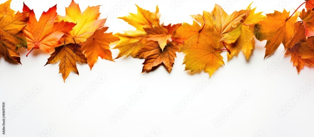 Line of fall foliage on a plain white surface, showcasing the beauty of autumn leaves. with copy space image. Place for adding text or design Line of fall foliage on a plain white surface, showcasing the beauty of autumn leaves. with copy space image. Place for adding text or design