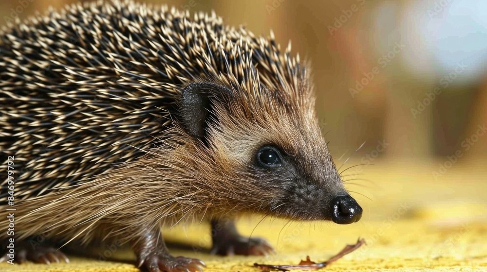 Fototapeta premium A small hedgehog sitting on a table, looking up
