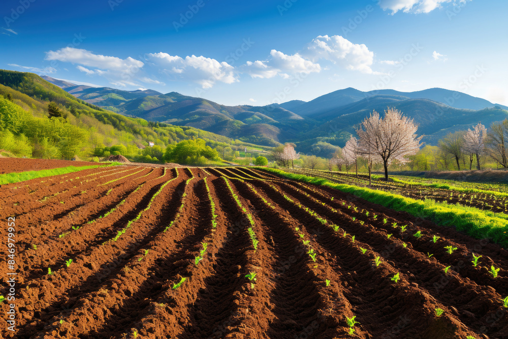 Agricultural landscape with a mountain range in the distance, suitable for use in stock photos of rural areas or nature scenes Agricultural landscape with a mountain range in the distance, suitable for use in stock photos of rural areas or nature scenes