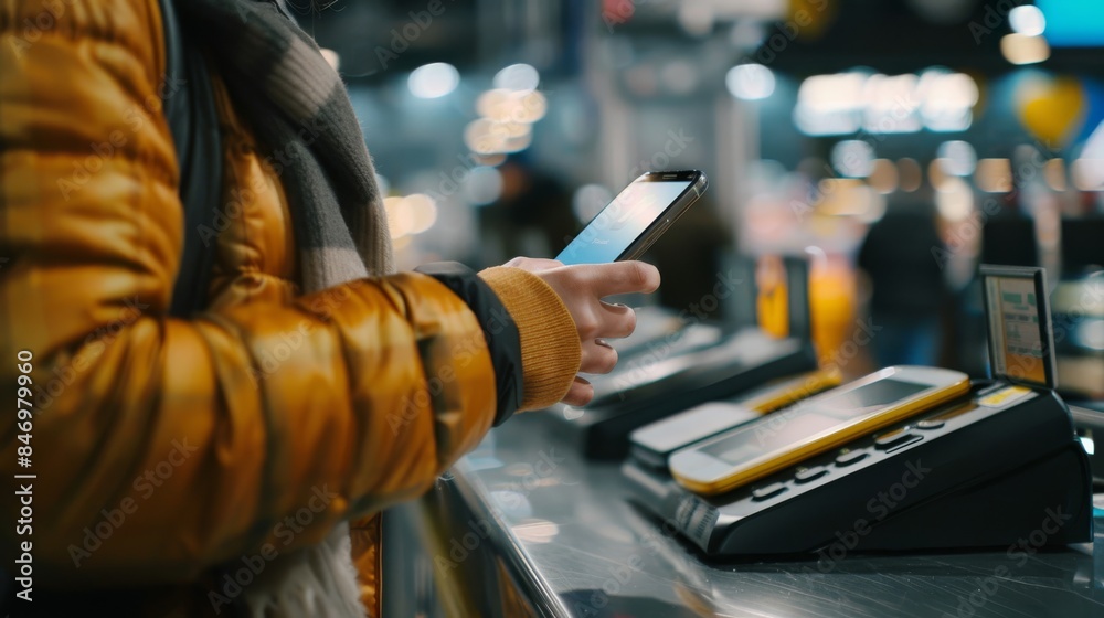 Close-up of the person using their phone at the checkout counter. Close-up of the person using their phone at the checkout counter.