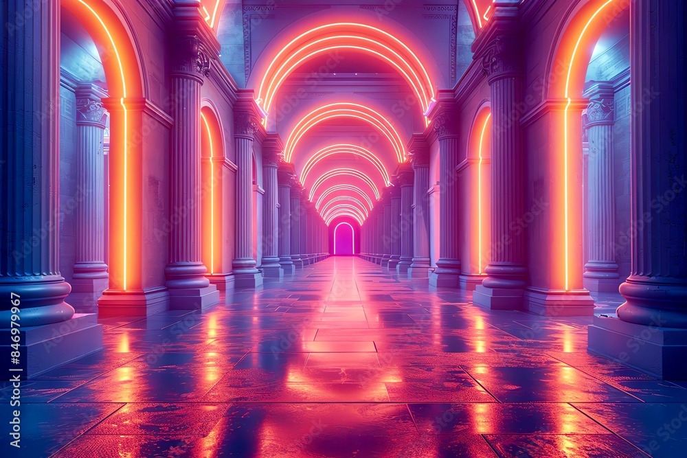 An empty hallway with marble columns and glowing pink neon lights. The floor is wet and reflecting the light. The end of the hallway is obscured by a bright light. An empty hallway with marble columns and glowing pink neon lights. The floor is wet and reflecting the light. The end of the hallway is obscured by a bright light.