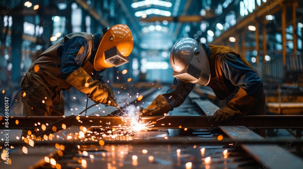 Industrial Workers Welding in a Modern Factory Setting Industrial Workers Welding in a Modern Factory Setting