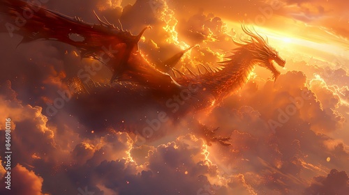 A majestic fire breathing dragon soars through the clouds photo