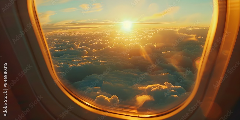 Golden sunrise over sea of clouds as seen through airplane window. Concept Travel Photography, Beautiful Landscapes, Airplane Views, Nature's Majesty, Serene Sunrise Golden sunrise over sea of clouds as seen through airplane window. Concept Travel Photography, Beautiful Landscapes, Airplane Views, Nature's Majesty, Serene Sunrise