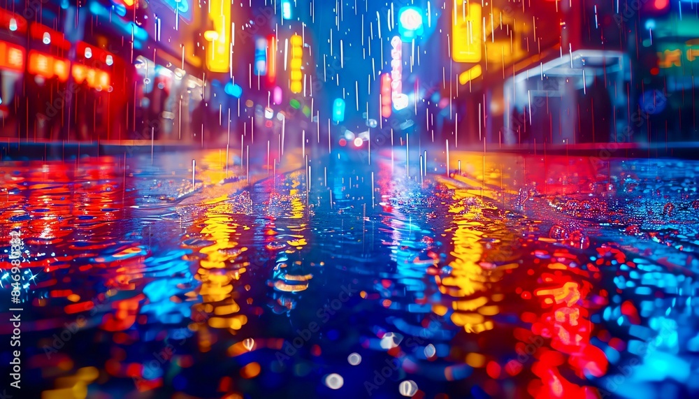 The rain is falling hard on the city streets, reflecting the bright lights of the city