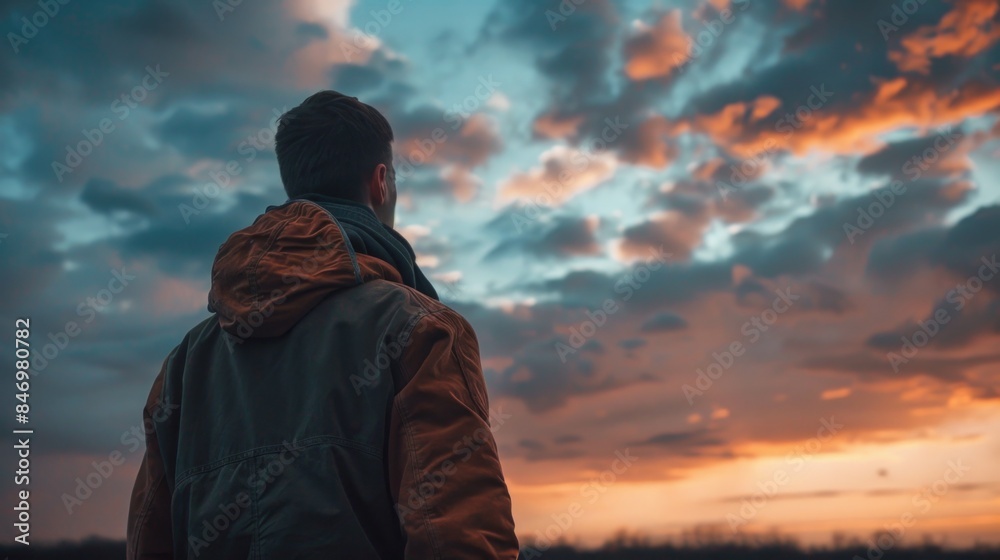 A person standing outdoors looking up at a cloudy sky A person standing outdoors looking up at a cloudy sky