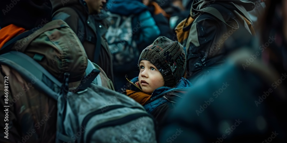 Woman frantically looks for lost child in crowded war zone evacuation. Concept Drama, War, Mother's Love, Crowded Scenes, Desperation Woman frantically looks for lost child in crowded war zone evacuation. Concept Drama, War, Mother's Love, Crowded Scenes, Desperation