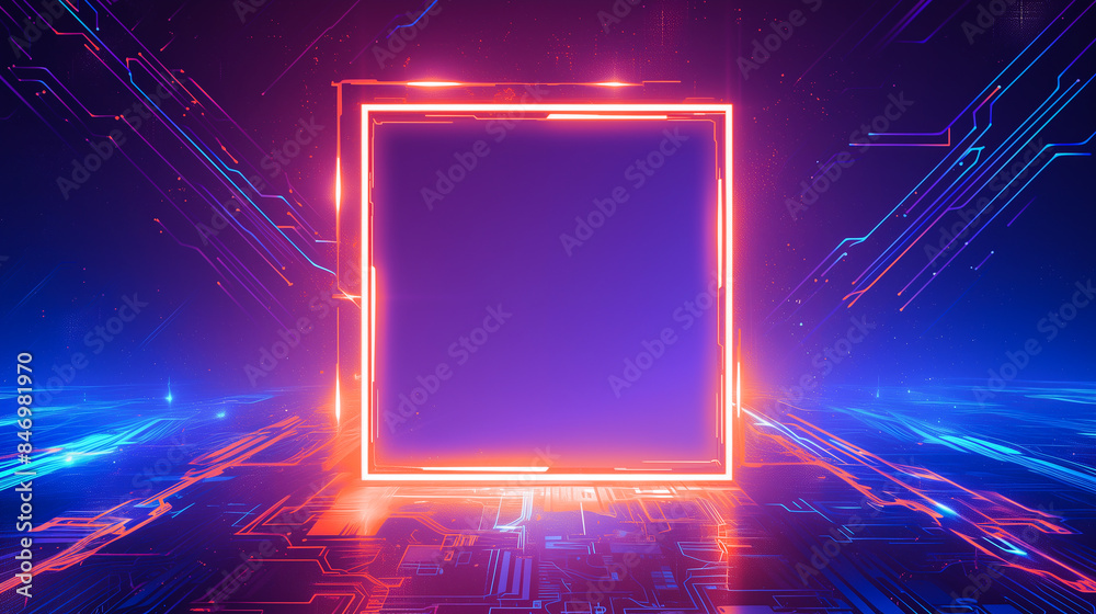Futuristic Neon Cyberpunk Background with Empty Square Frame in Orange and Blue Futuristic Neon Cyberpunk Background with Empty Square Frame in Orange and Blue