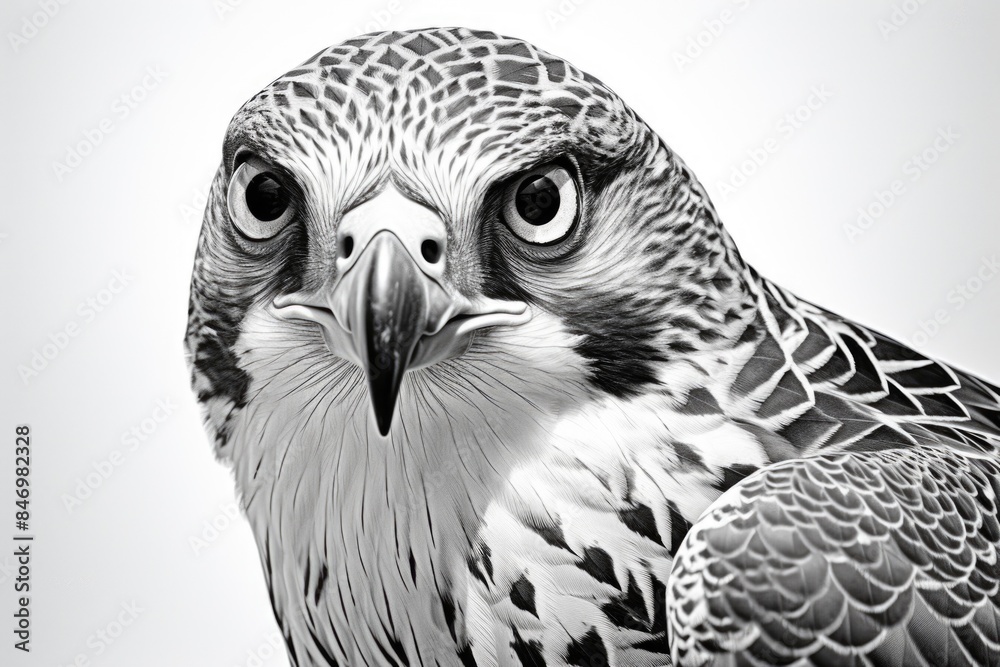 Fototapeta premium A close-up image of a hawk's face in black and white, highlighting its sharp features