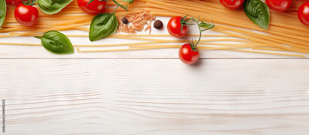 Close view of a variety of pasta with fresh cherry tomatoes and basil leaves decorating the dish. with copy space image. Place for adding text or design Close view of a variety of pasta with fresh cherry tomatoes and basil leaves decorating the dish. with copy space image. Place for adding text or design