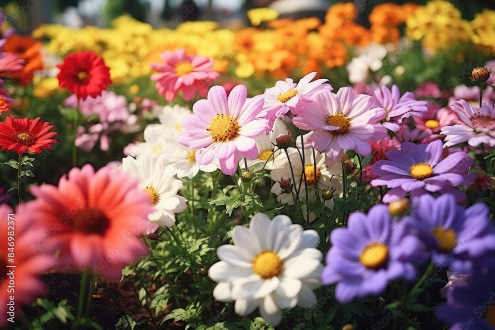 A cluster of colorful wildflowers growing among lush green grass A cluster of colorful wildflowers growing among lush green grass