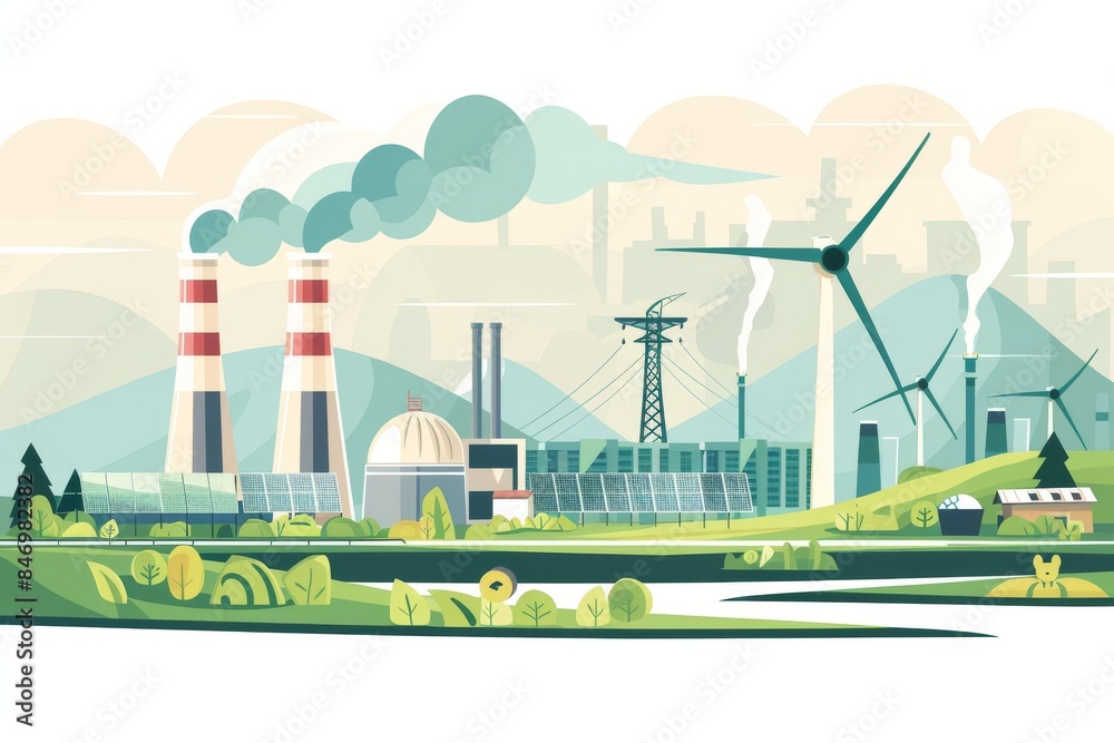 Obraz premium illustration depicting the coexistence of industrial facilities with renewable energy sources, including solar panels and wind turbines, within a scenic landscape.
