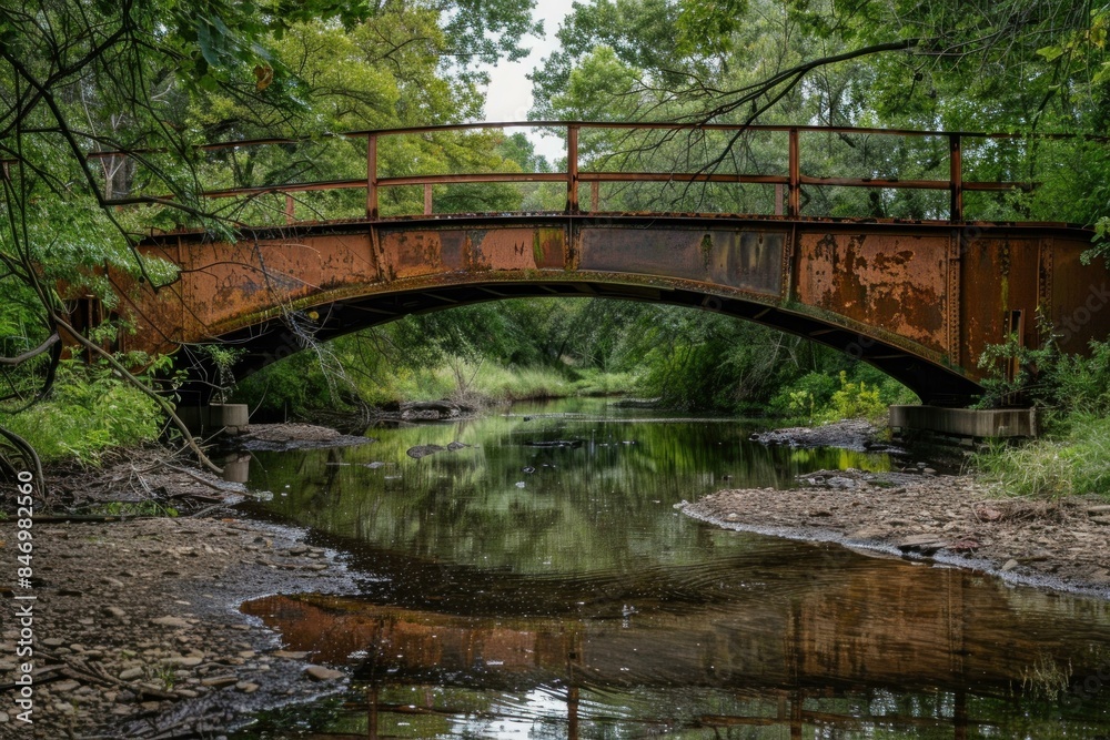 Weathered iron bridge arching over a calm forest stream surrounded by lush greenery Weathered iron bridge arching over a calm forest stream surrounded by lush greenery