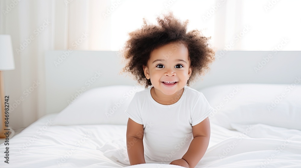 happy little black baby in white bed