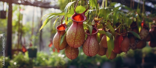 Bunch of pitchers swinging from a tree, Nepenthes Tropical pitcher plants and monkey cups in garden with soft focus on insectivorous plants. with copy space image. Place for adding text or design