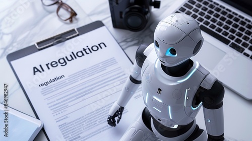 A stack of documentation on a wooden table with written AI regulation, highlighting EU laws and policies aimed at ensuring AI safety and ethical standards in technology development.